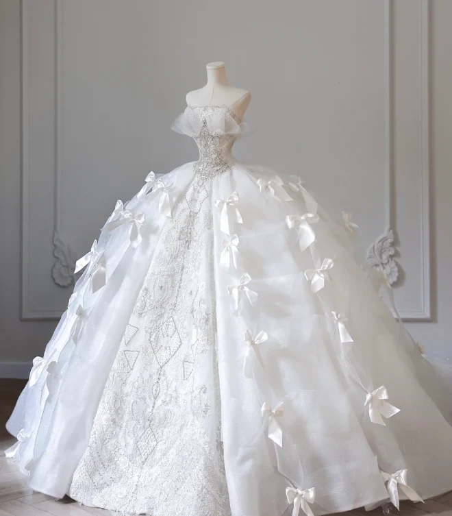 White Strapless Princess Off-shoulder Bowknot Tulle Wedding Dress P2614 - Image 4