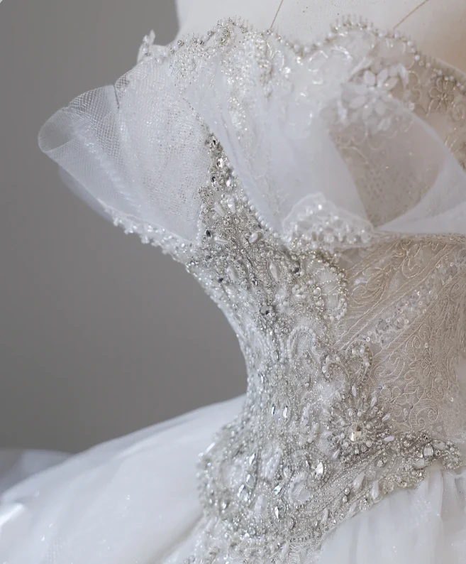 White Strapless Princess Off-shoulder Bowknot Tulle Wedding Dress P2614 - Image 5