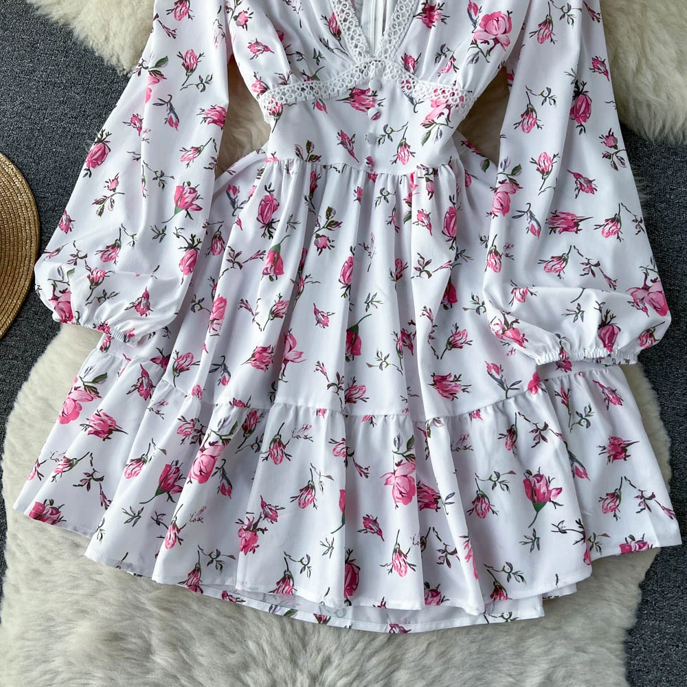 White V-neck Floral Long Sleeve Dress P266 - Image 4